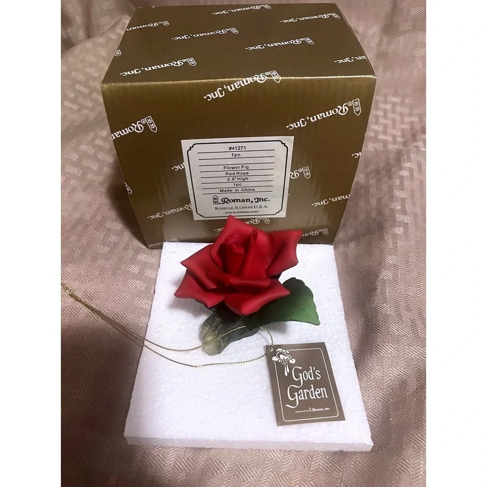 Rare ROMAN Inc. Flower Figurine Red ROSE Porcelain 3D in Box 3.25